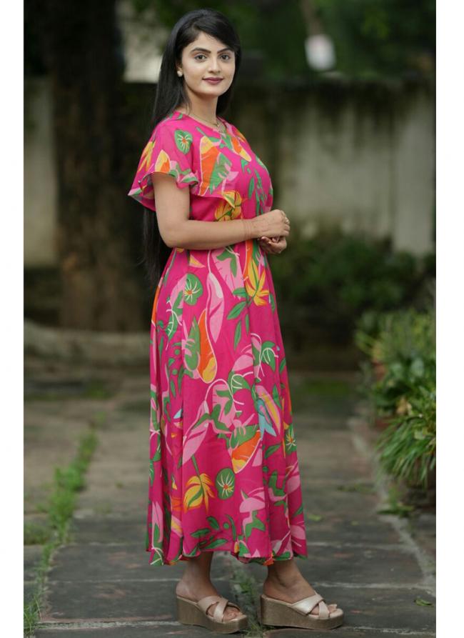 Georgette Pink Beach Wear Printed Readymade Maxi Dress